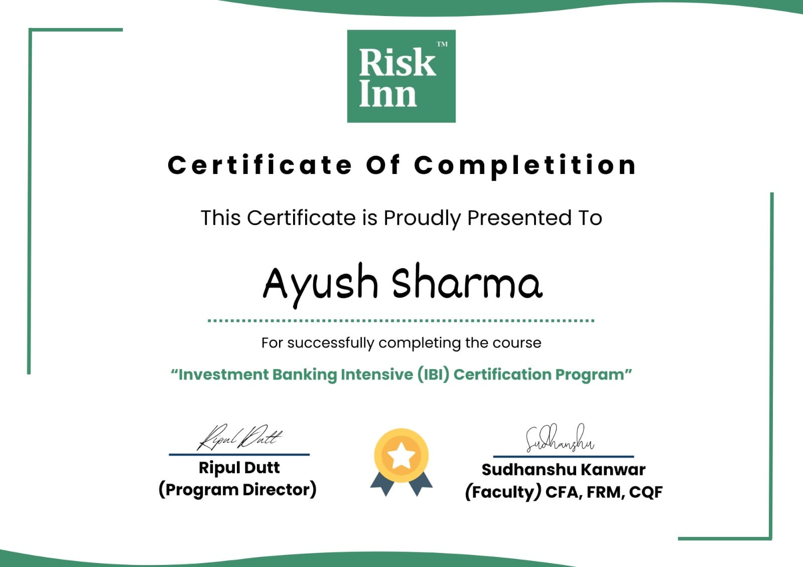 Investment Banking Intensive (IBI) Certification Program Certificate